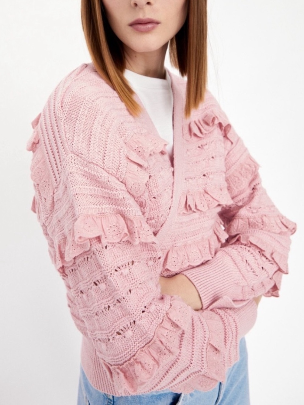 Zara Textured Weave Knit Ruffle Cardigan